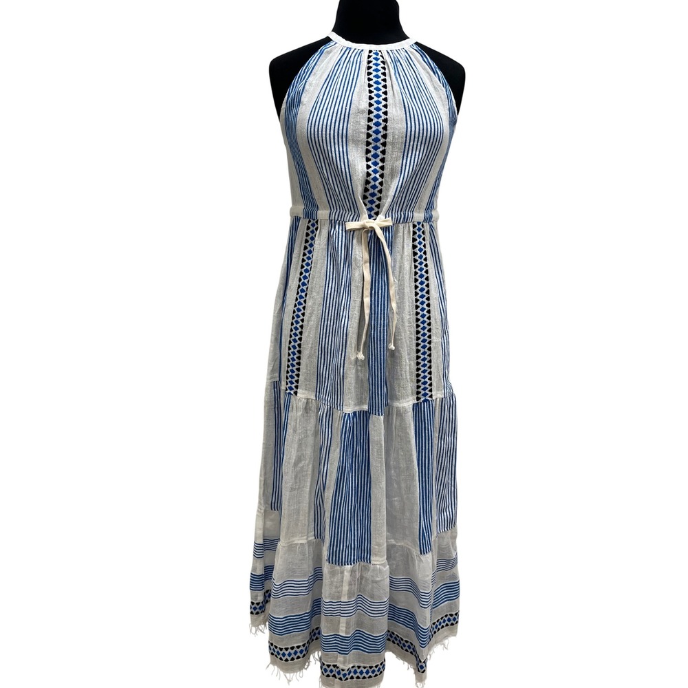 Lemlem Liya Halter Maxi Dress Blue White Striped Embroidered Cotton Small S